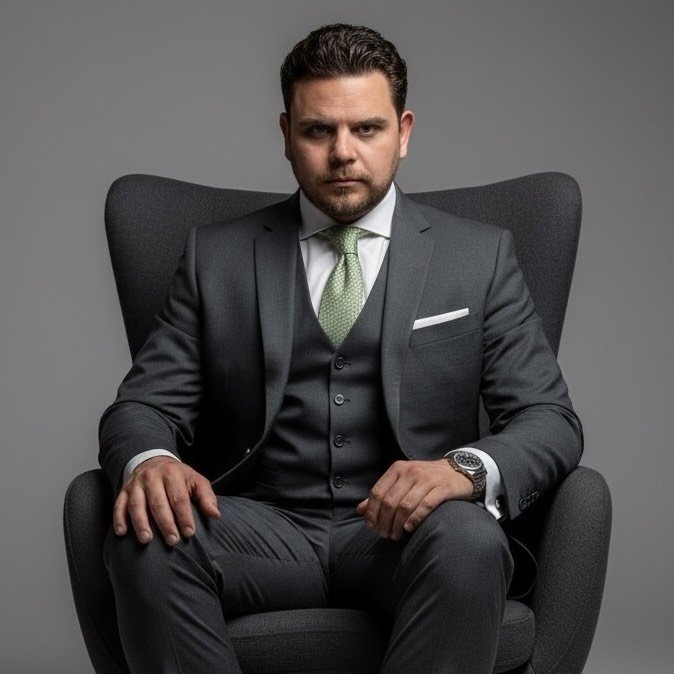 Retrato de Bruno Goldner, fundador do escritório, em traje formal.